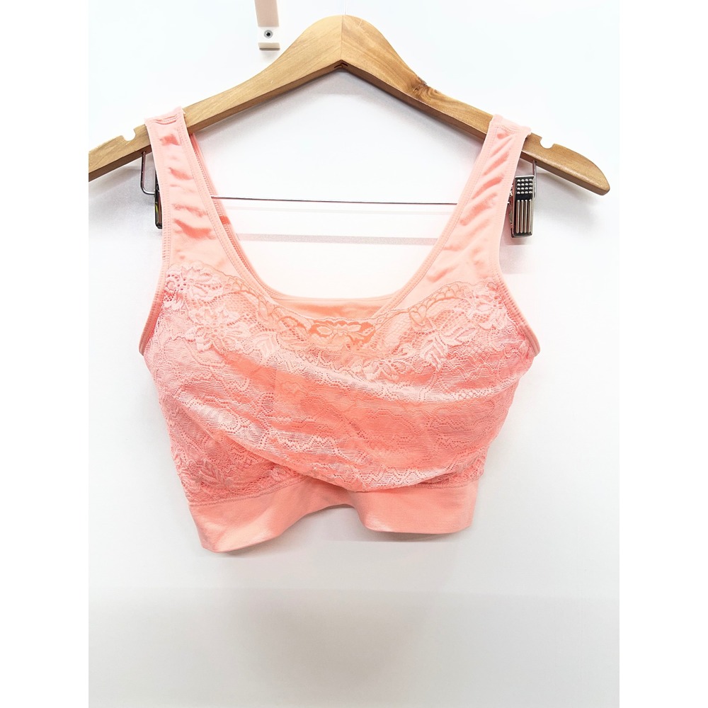 Rhonda Shear Ahh Bra Peach Lace Overlay Cross Front Seamless Bralette 2X Womens